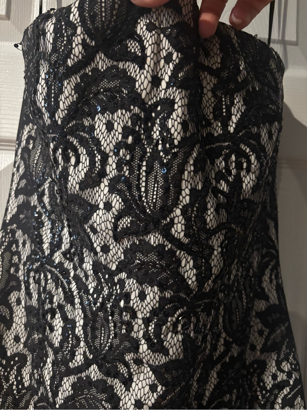 Strapless Black Lace Mini Dress with Cream Underlay